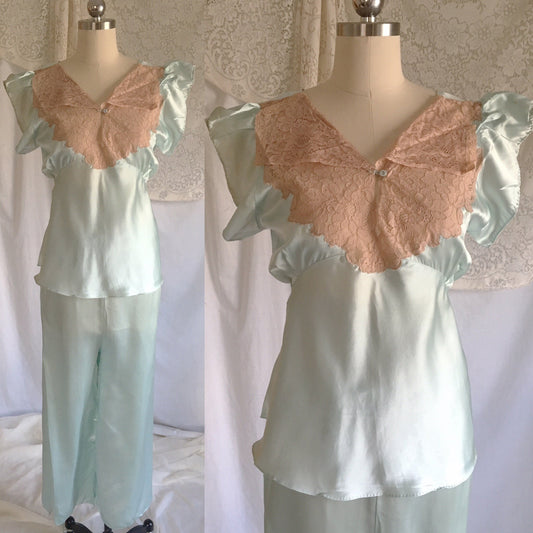 Vintage 1930's Pajama Set | Icy Teal Blue Silk with Alençon Lace | New with Tags | Size LG - Daggers & Dames