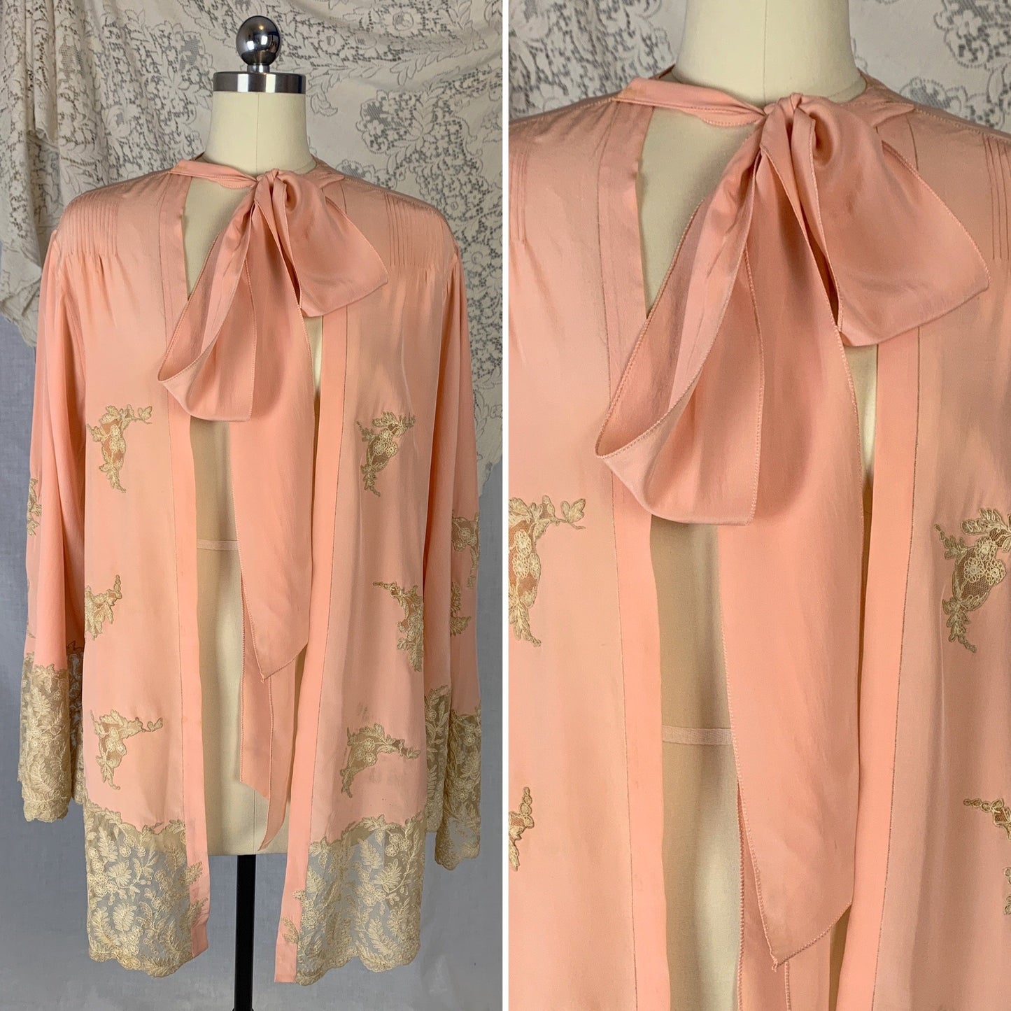 Vintage 1930's Peignoir | Rich Rose Pink Silk Crepe with Tambour Lace Embroidery & Pussy Bow | Size Free - Daggers & Dames