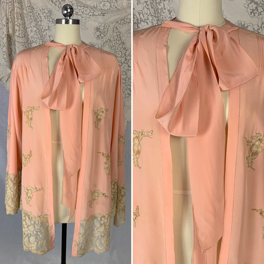 Vintage 1930's Peignoir | Rich Rose Pink Silk Crepe with Tambour Lace Embroidery & Pussy Bow | Size Free - Daggers & Dames