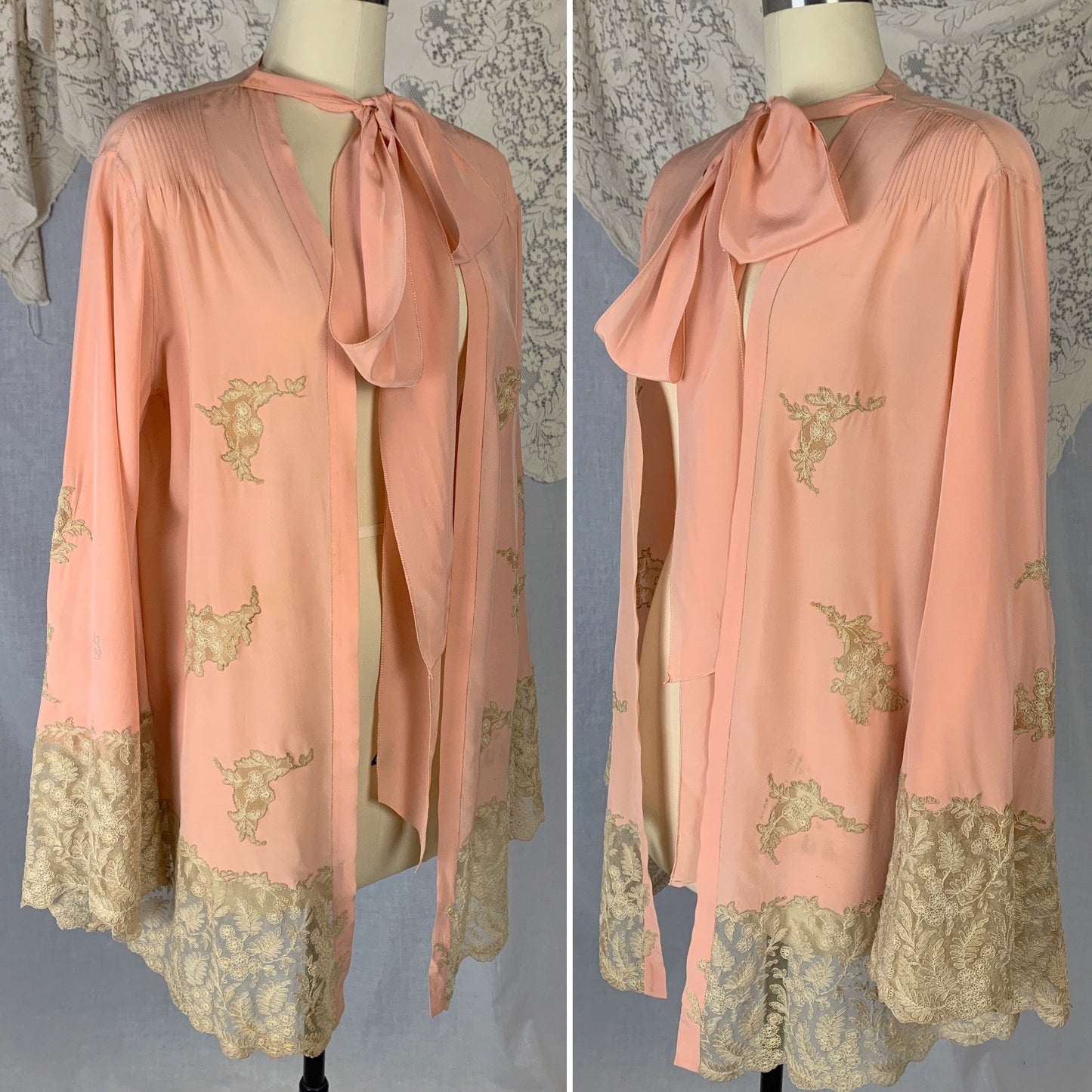 Vintage 1930's Peignoir | Rich Rose Pink Silk Crepe with Tambour Lace Embroidery & Pussy Bow | Size Free - Daggers & Dames