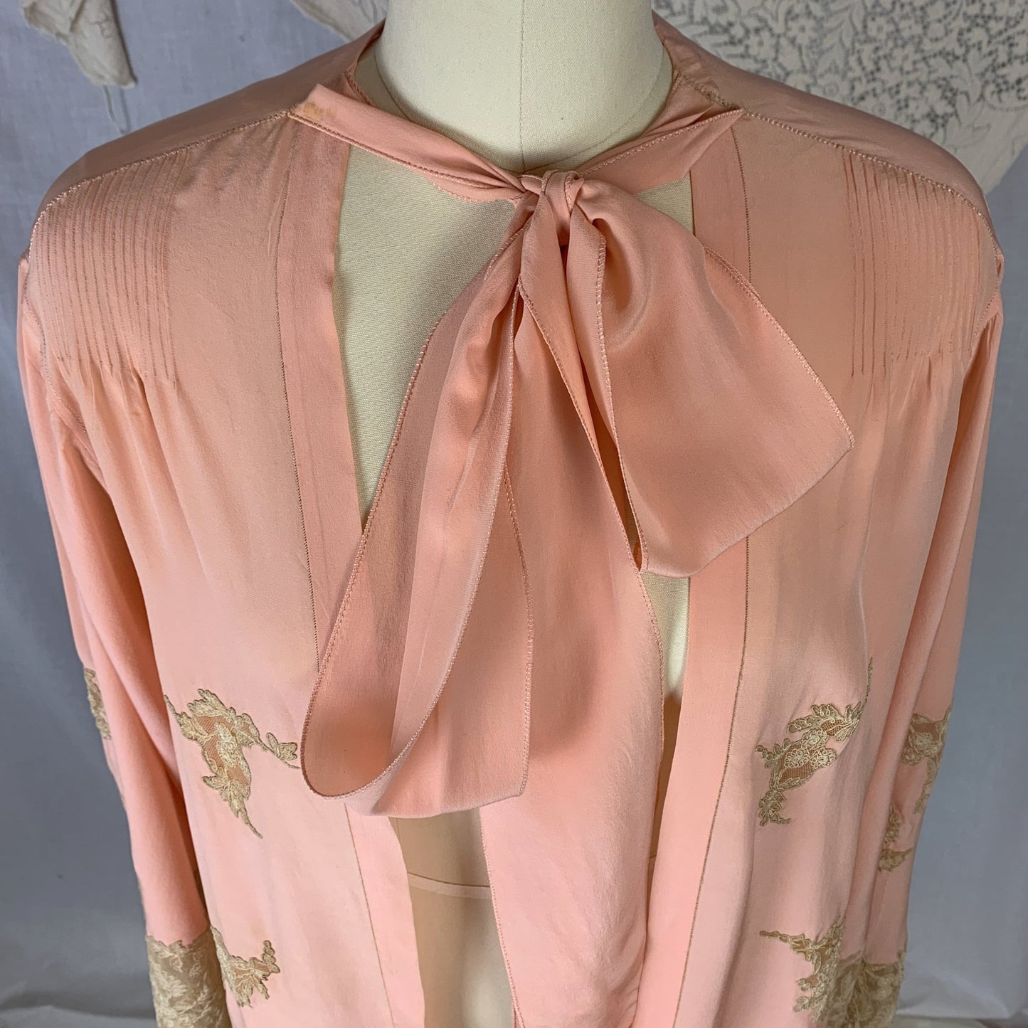 Vintage 1930's Peignoir | Rich Rose Pink Silk Crepe with Tambour Lace Embroidery & Pussy Bow | Size Free - Daggers & Dames