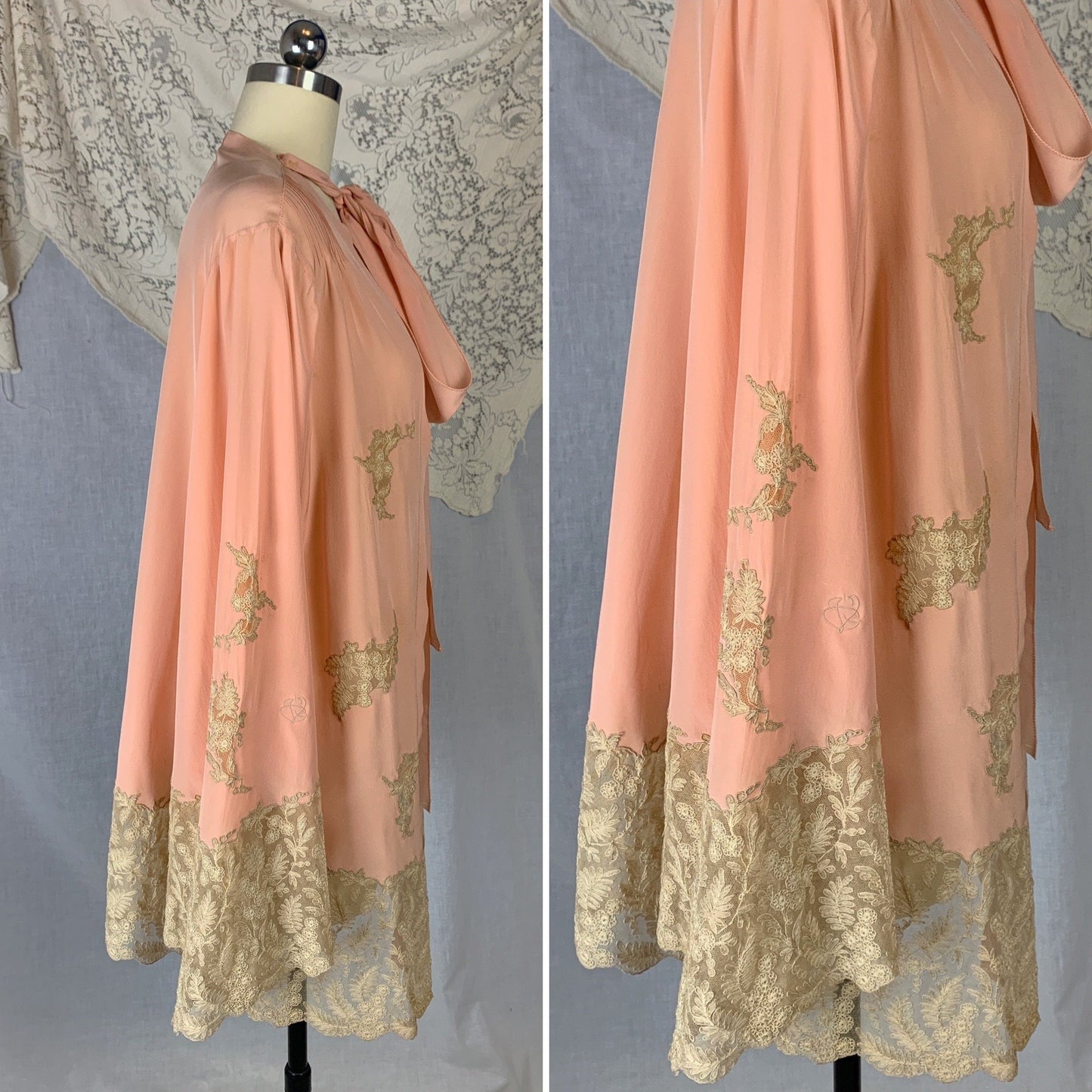 Vintage 1930's Peignoir | Rich Rose Pink Silk Crepe with Tambour Lace Embroidery & Pussy Bow | Size Free - Daggers & Dames