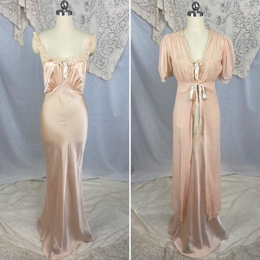 Vintage 1930's Peignoir Set | Dusty Rose Silk Gown with Ivory Floral Lace & Chiffon Dressing Robe | Size S, M | Wonder Maid - Daggers & Dames