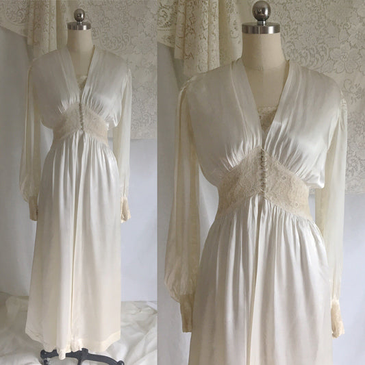 Vintage 1930's Peignoir Set | Ivory Rayon Satin with Alençon Lace | Bridal Lingerie | Art Deco Robe & Bias Cut Nightgown | Size XSM - Daggers & Dames