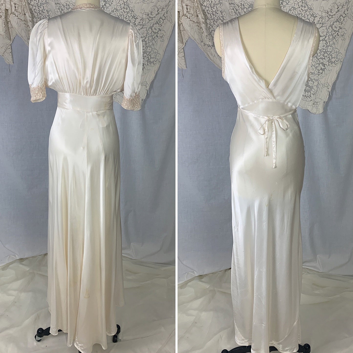 Vintage 1930's Peignoir Set | Pearly White Rayon Satin with Nude Lace | Size XS - Daggers & Dames