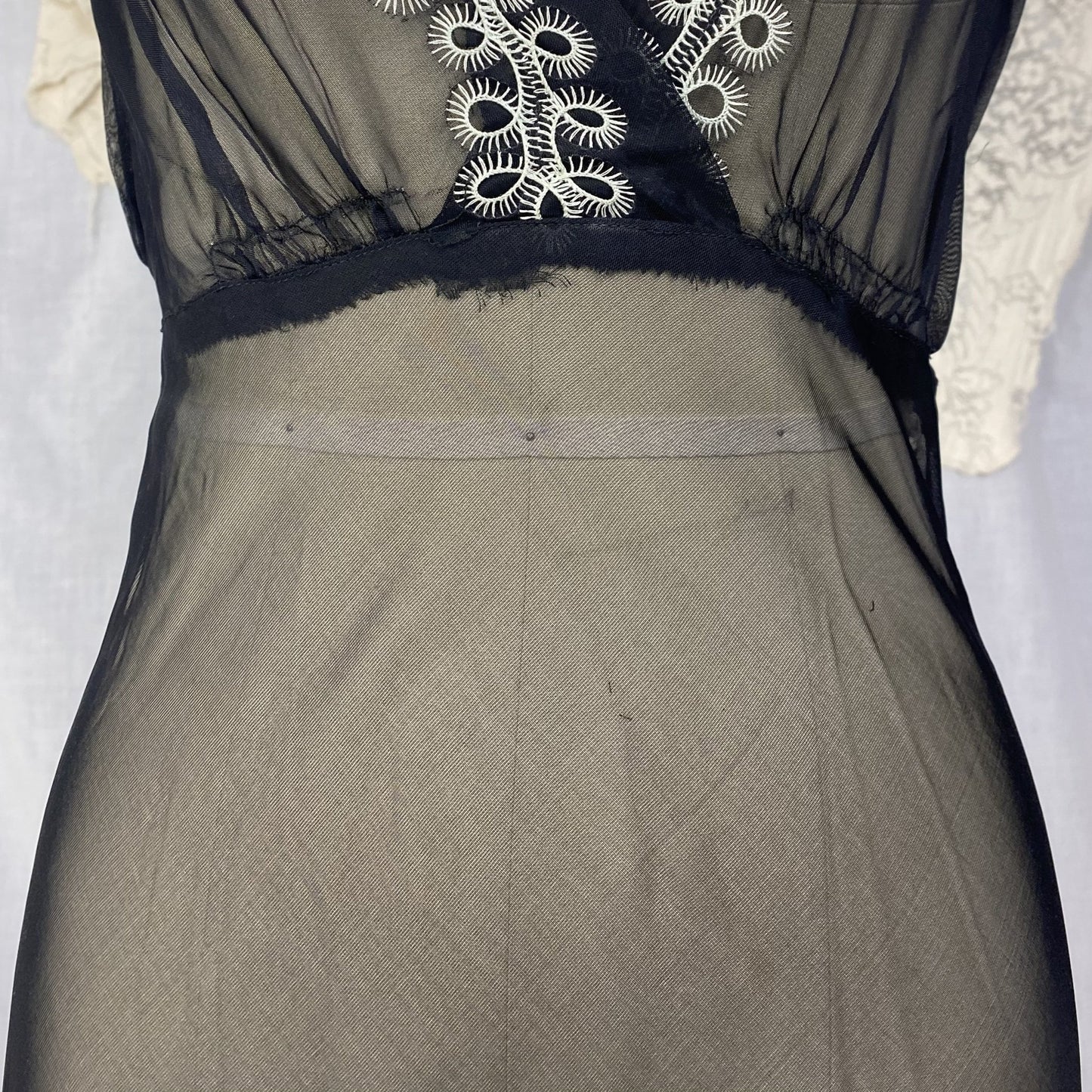 Vintage 1930's Peignoir Set | Sheer Black Rayon Chiffon with White Embroidery | Size XS | Never Worn - Daggers & Dames