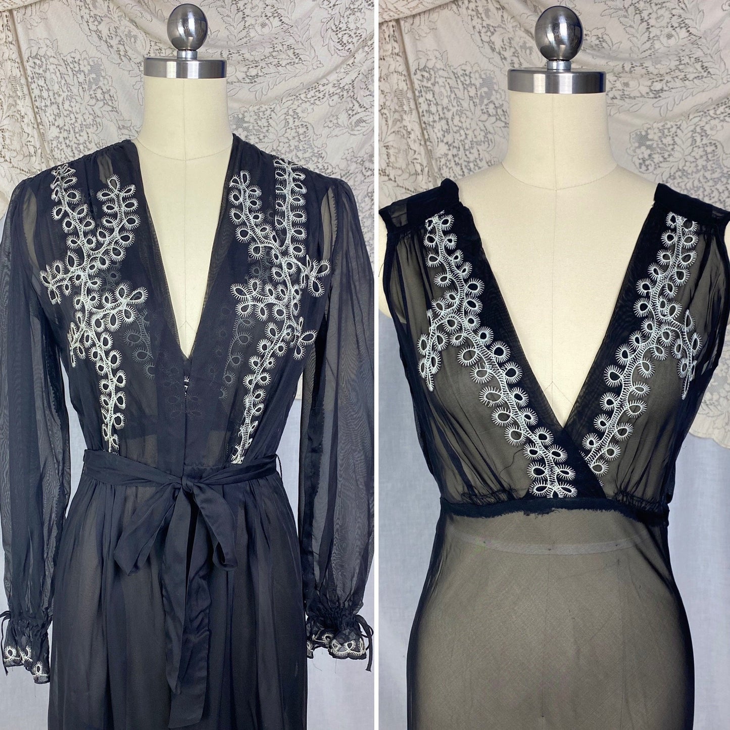 Vintage 1930's Peignoir Set | Sheer Black Rayon Chiffon with White Embroidery | Size XS | Never Worn - Daggers & Dames