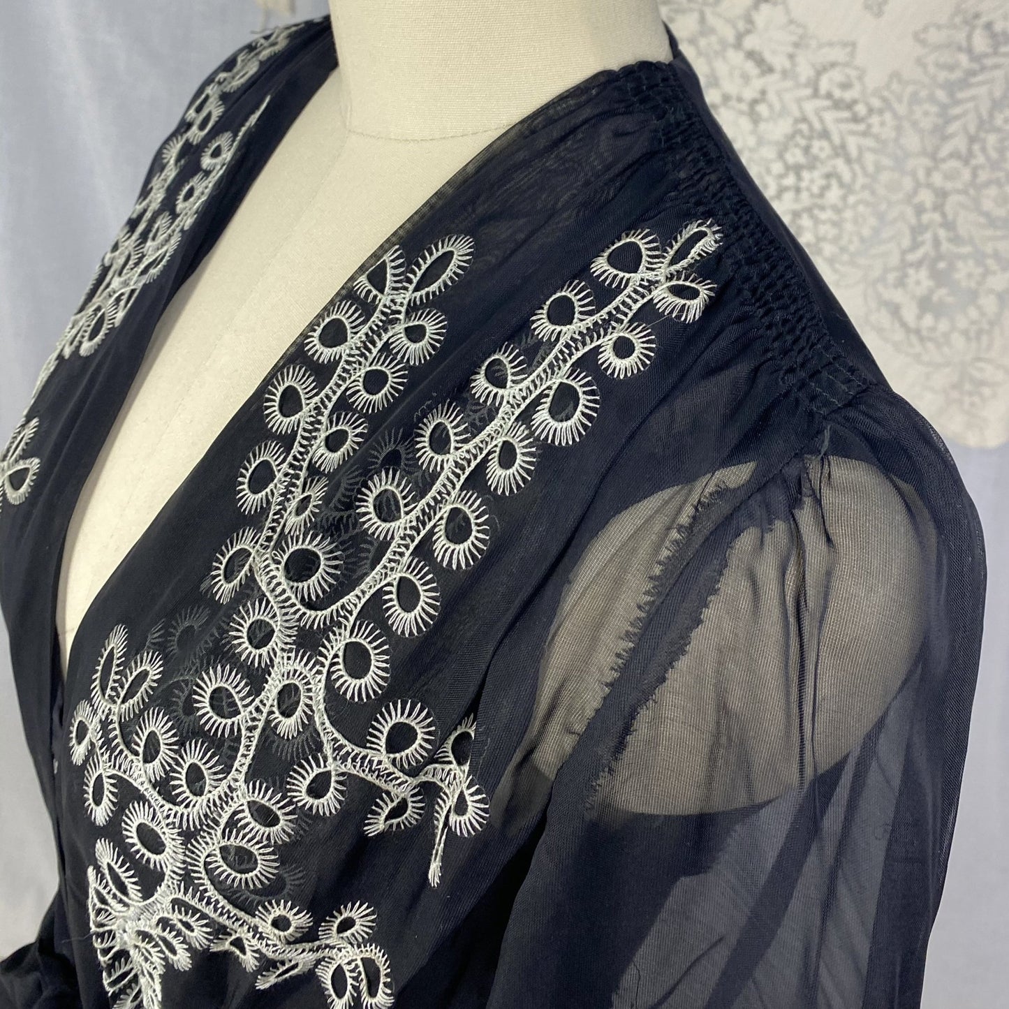 Vintage 1930's Peignoir Set | Sheer Black Rayon Chiffon with White Embroidery | Size XS | Never Worn - Daggers & Dames