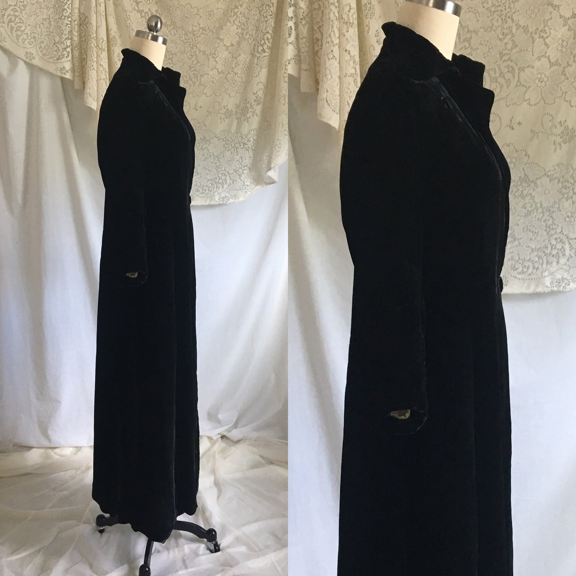 Vintage 1930's Robe | Black Silk Velvet with Champagne Rayon Satin Lining | Size M, LG - Daggers & Dames