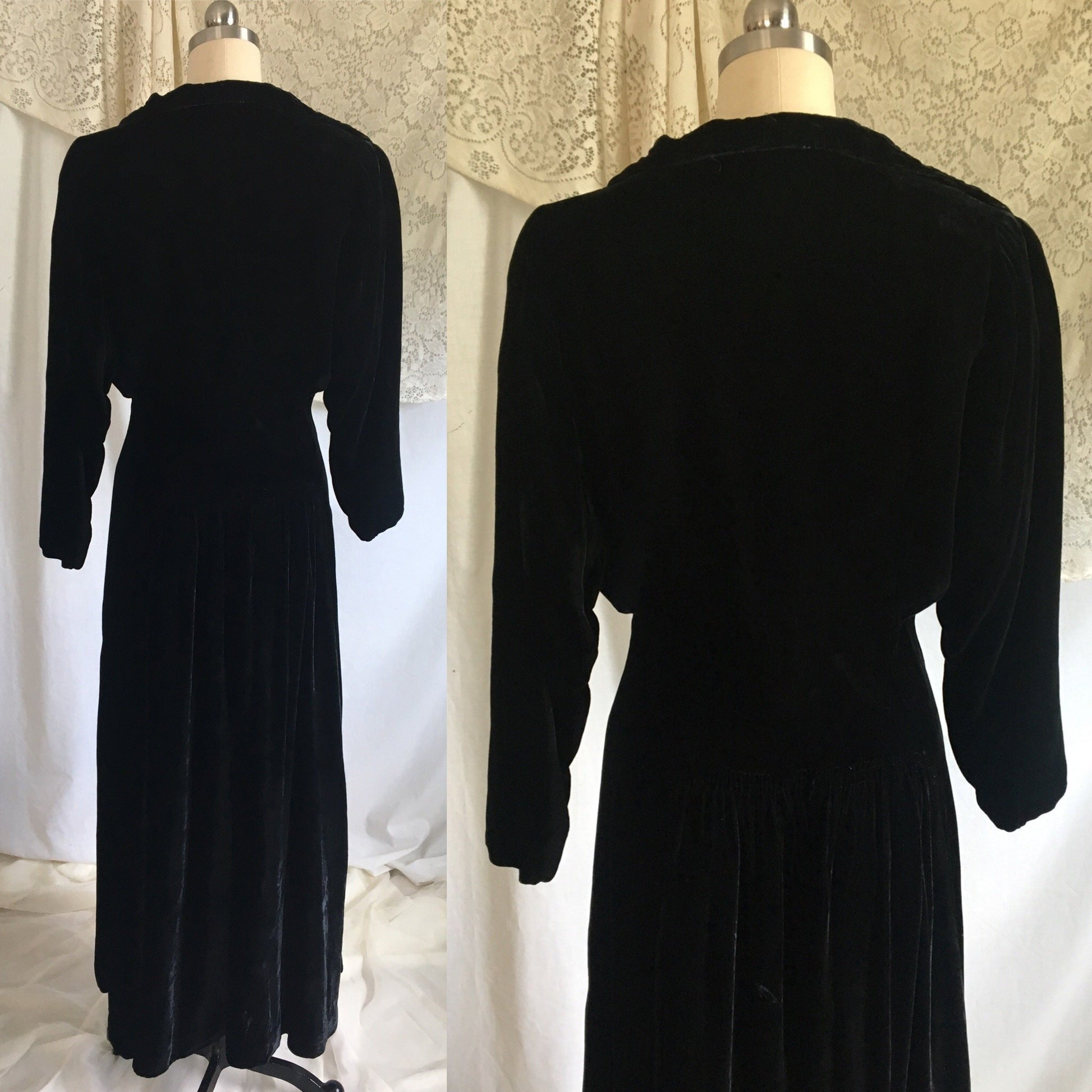 Vintage 1930's Robe | Black Silk Velvet with Champagne Rayon Satin Lining | Size M, LG - Daggers & Dames
