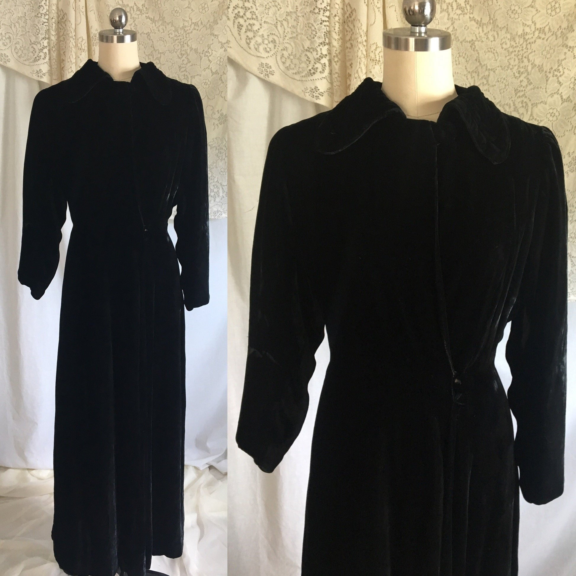 Vintage 1930's Robe | Black Silk Velvet with Champagne Rayon Satin Lining | Size M, LG - Daggers & Dames