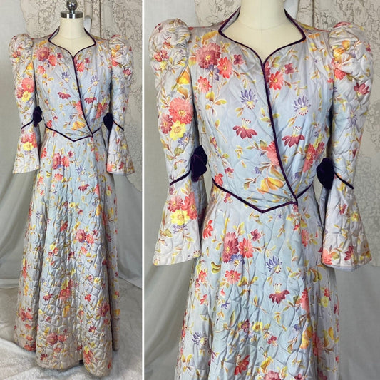 Vintage 1930's Robe | Quilted Dusty Blue Rayon Taffeta with Floral Print & Purple Velvet Accents | Size XS, S | Marshal Field and Company - Daggers & Dames