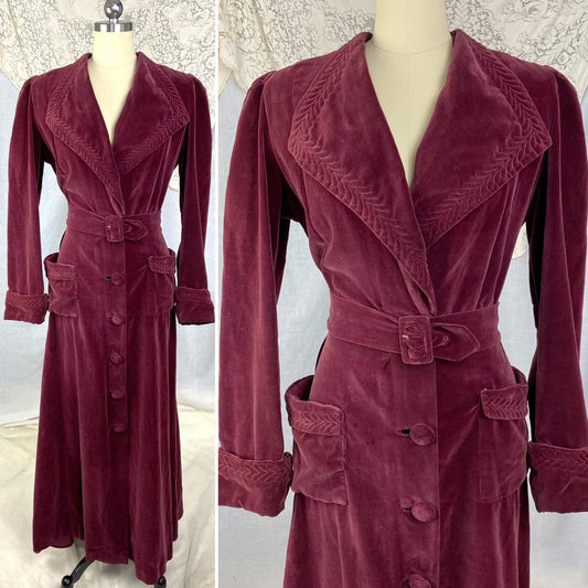 Vintage 1930's Robe | Rich Mulberry Purple Velveteen Matching Belt & Trapunto Stitching | Size M, LG | Bonwitt Teller - Daggers & Dames