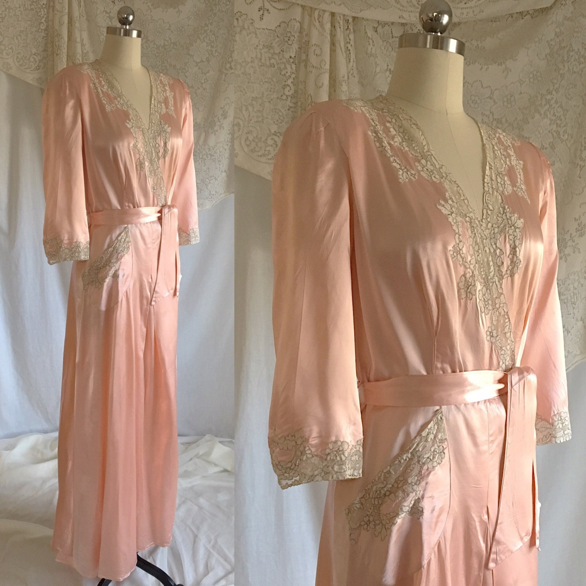 Vintage 1930's Robe | Rose Gold Pink Rayon Satin with Embroidered Lace Tulle & Train | Size S, Med - Daggers & Dames