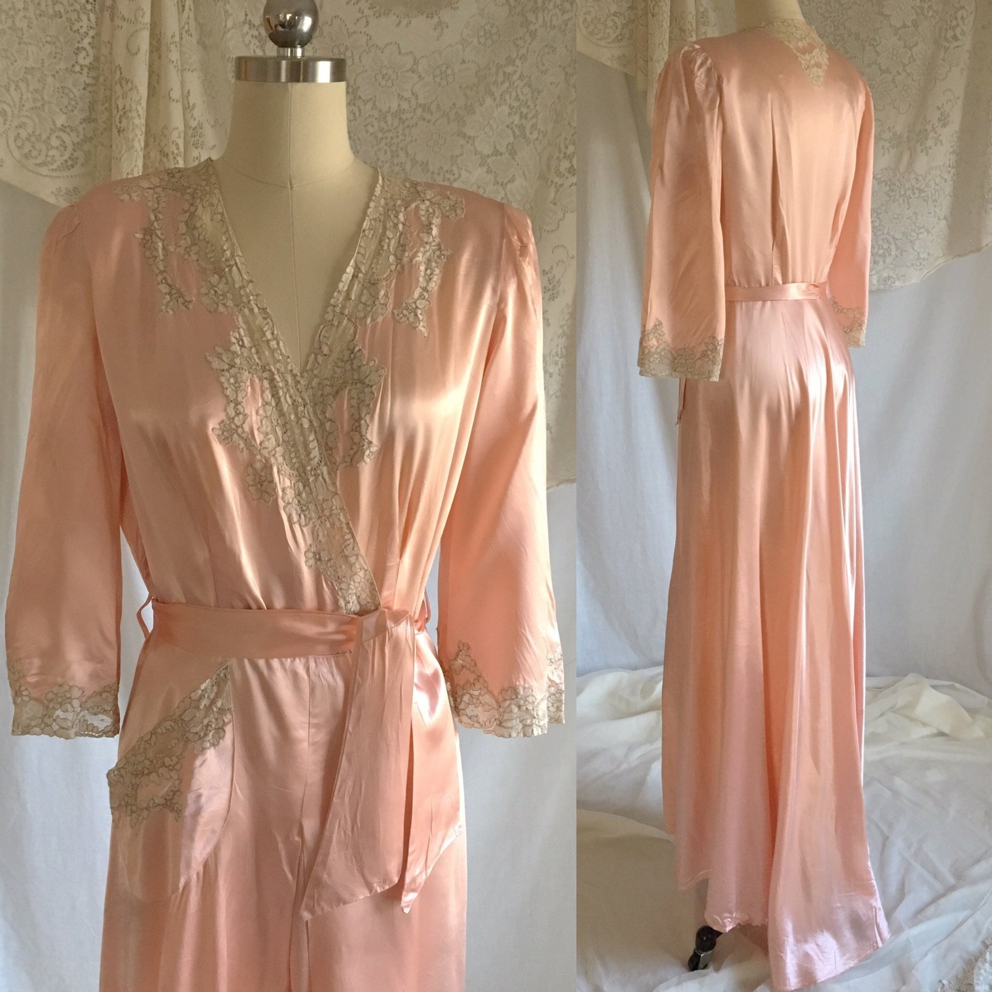 Vintage 1930's Robe | Rose Gold Pink Rayon Satin with Embroidered Lace Tulle & Train | Size S, Med - Daggers & Dames