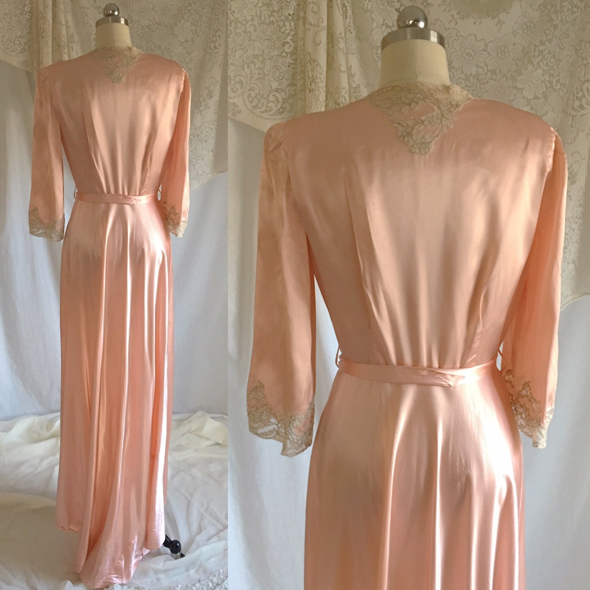 Vintage 1930's Robe | Rose Gold Pink Rayon Satin with Embroidered Lace Tulle & Train | Size S, Med - Daggers & Dames