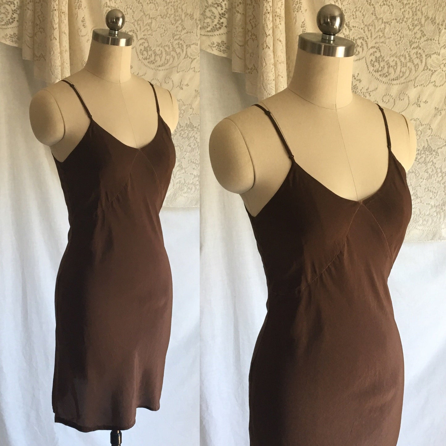 Vintage 1930's Slip | Mocha Brown Silk Crepe de Chine with Bias Cut | Barbizon | Size XS, Petite - Daggers & Dames