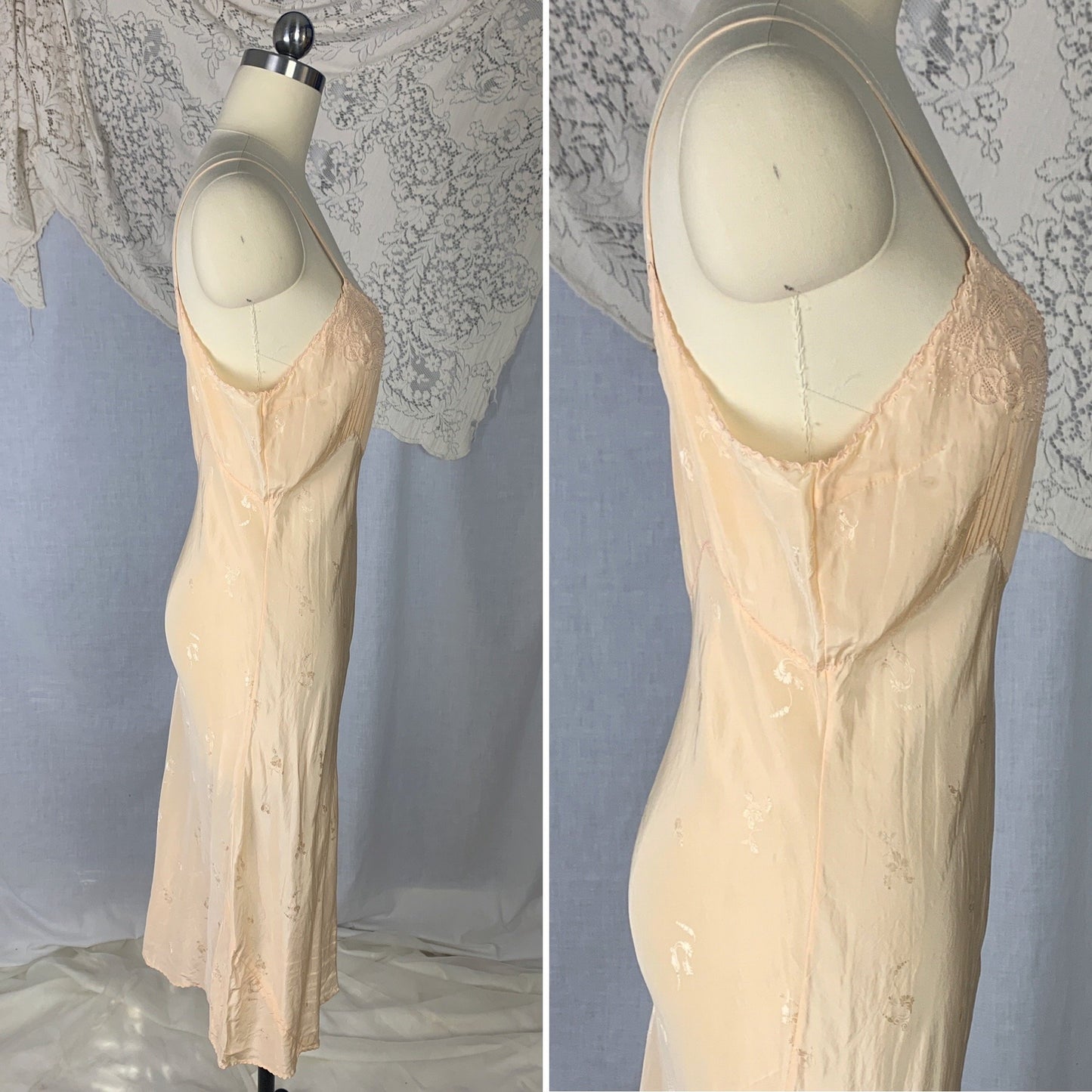 Vintage 1930's Slip | Pale Peach Silk with Floral Satin Damask & Hand Embroidery | Size S, M - Daggers & Dames