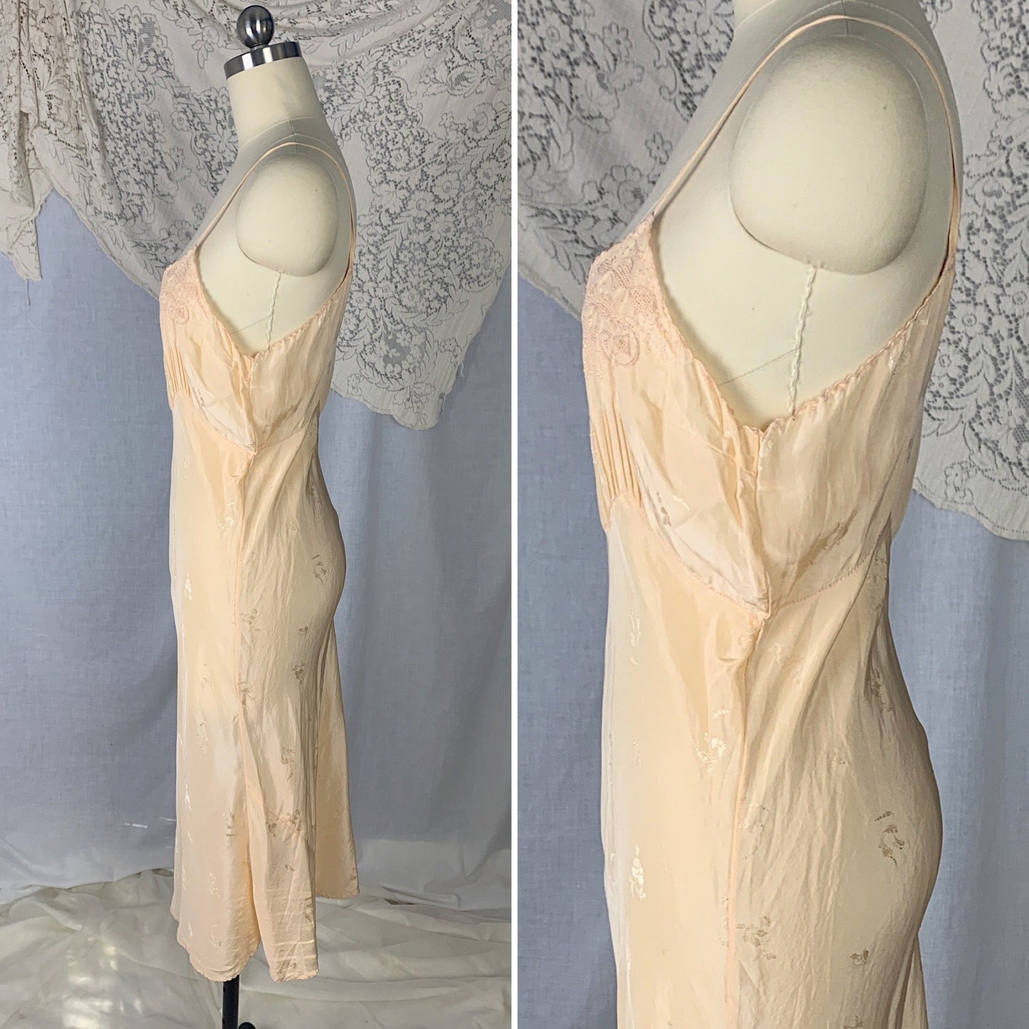 Vintage 1930's Slip | Pale Peach Silk with Floral Satin Damask & Hand Embroidery | Size S, M - Daggers & Dames