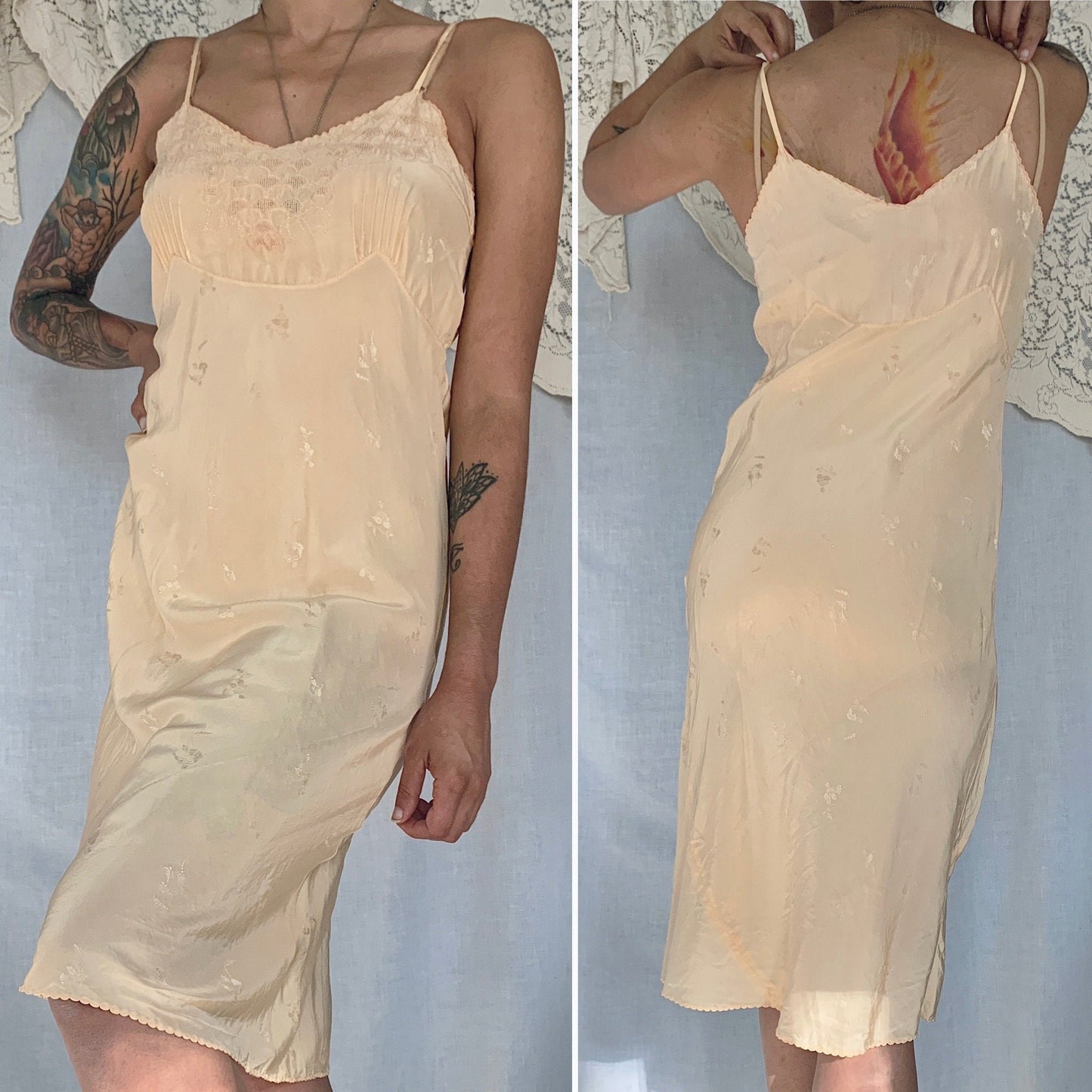 Vintage 1930's Slip | Pale Peach Silk with Floral Satin Damask & Hand Embroidery | Size S, M - Daggers & Dames