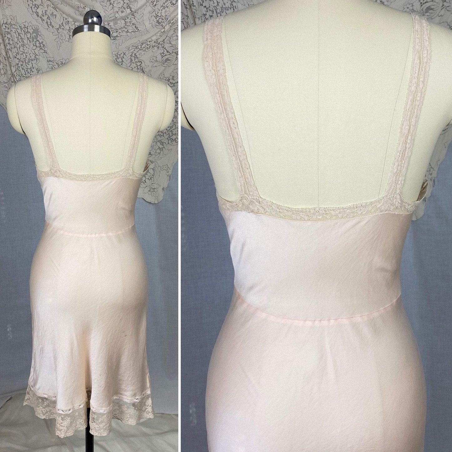 Vintage 1930's Slip | Pale Pink Silk with Ivory Lace | Size 32 Bust, XS | Fischer Heavenly Lingerie - Daggers & Dames