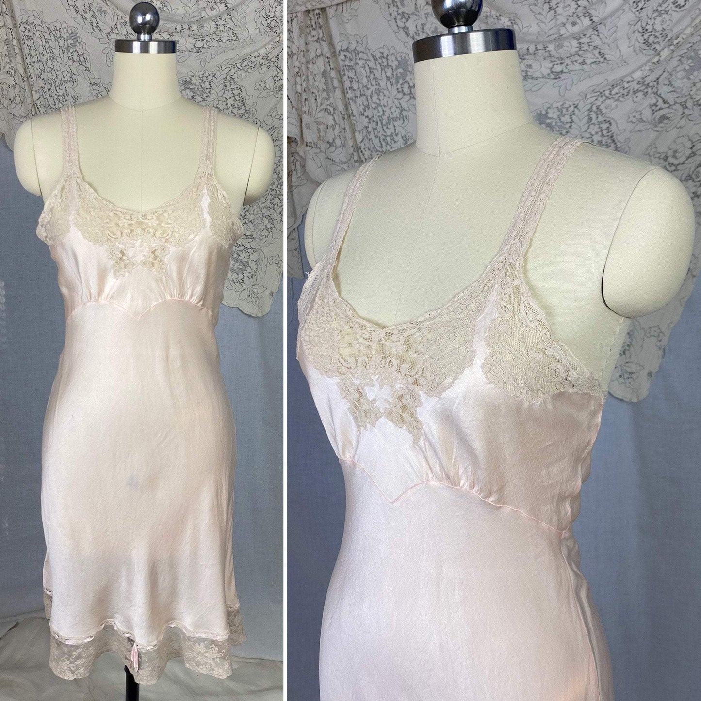 Vintage 1930's Slip | Pale Pink Silk with Ivory Lace | Size 32 Bust, XS | Fischer Heavenly Lingerie - Daggers & Dames