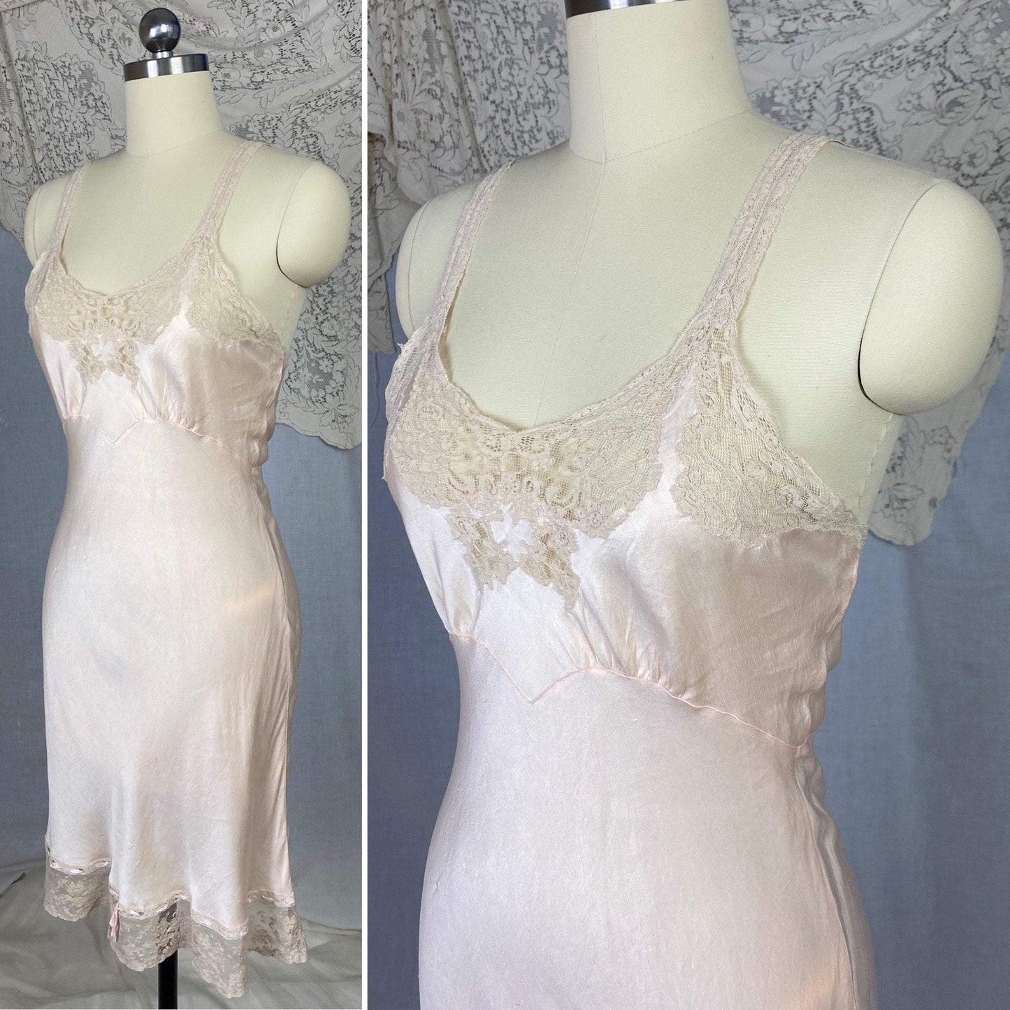 Vintage 1930's Slip | Pale Pink Silk with Ivory Lace | Size 32 Bust, XS | Fischer Heavenly Lingerie - Daggers & Dames