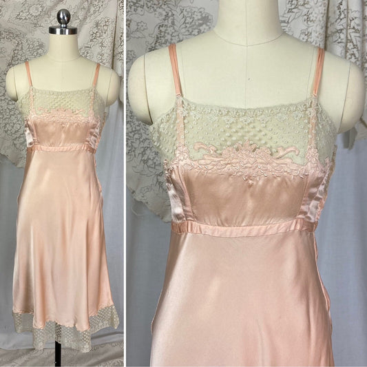 Vintage 1930's Slip | Rich Bold Pink Silk with Floral Chantilly Lace & Embroidery | Size XS | Marshall Field's - Daggers & Dames
