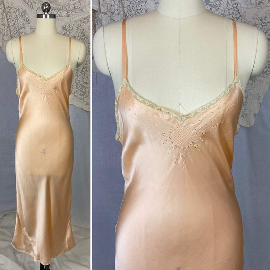 Vintage 1930's Slip | Rich Peach Silk Charmeuse with Embroidery | Size 34-38, M/LG - Daggers & Dames