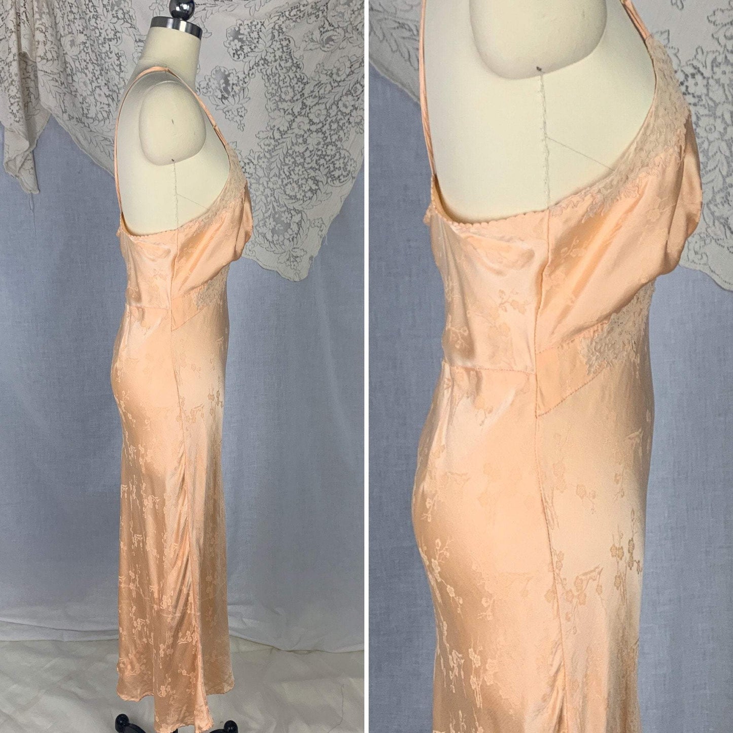Vintage 1930's Slip | Rich Peach Silk with Cherry Blossom Damask & French Alençon Lace | Size M | Hand Sewn - Daggers & Dames