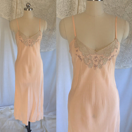 Vintage 1930's Slip | Rose Peach Silk with Lace Inserts & Embroidery | Size LG - Daggers & Dames