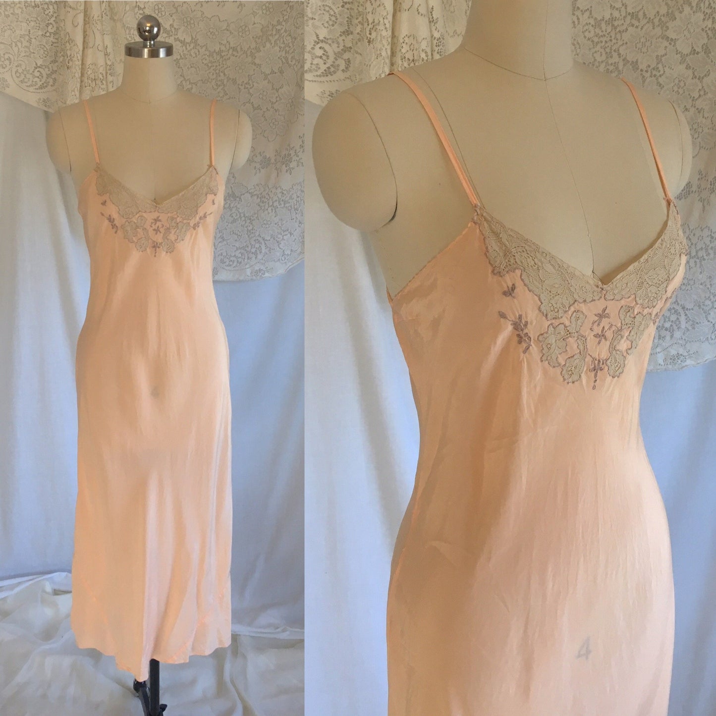 Vintage 1930's Slip | Rose Peach Silk with Lace Inserts & Embroidery | Size LG - Daggers & Dames