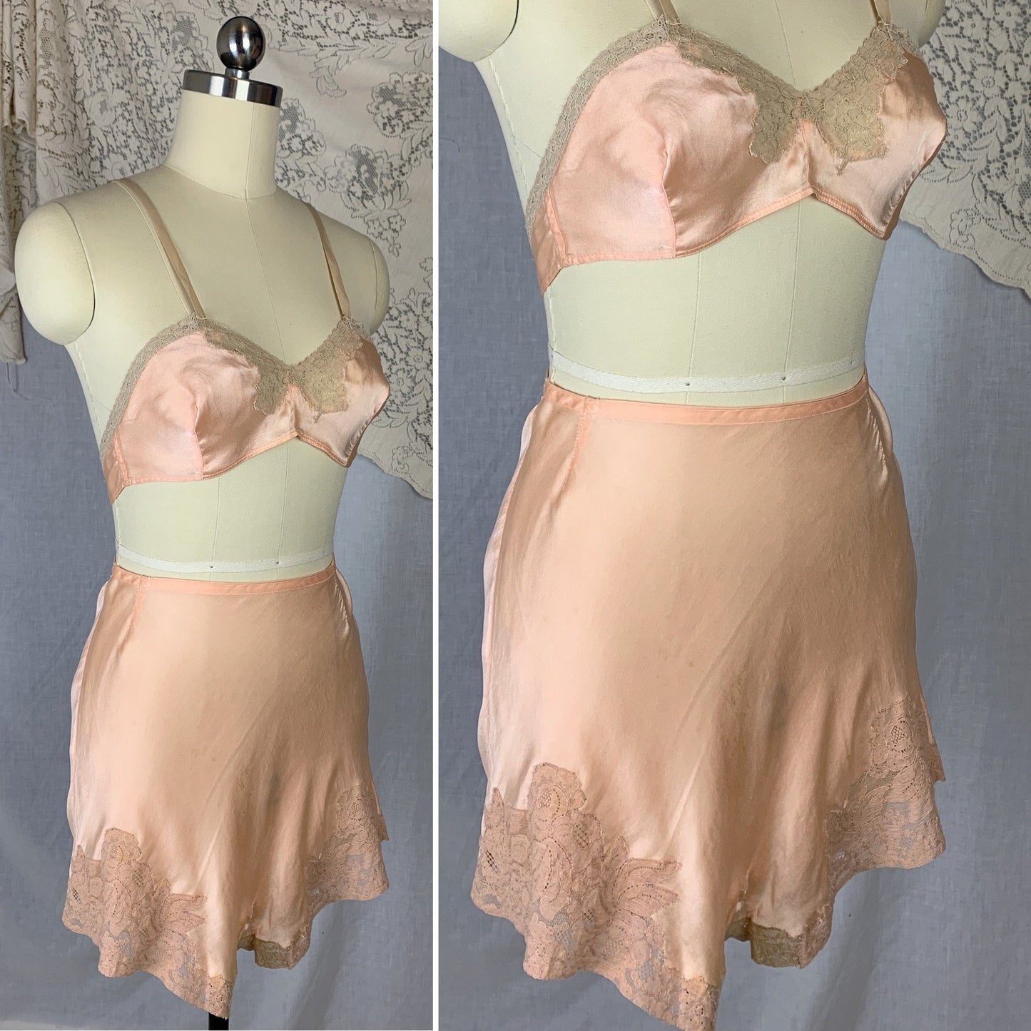 Vintage 1930's Tap Pants & Bralette Lingerie Set | Peach Silk Charmeuse with Mixed Alençon Lace | Size XS | Homemade - Daggers & Dames