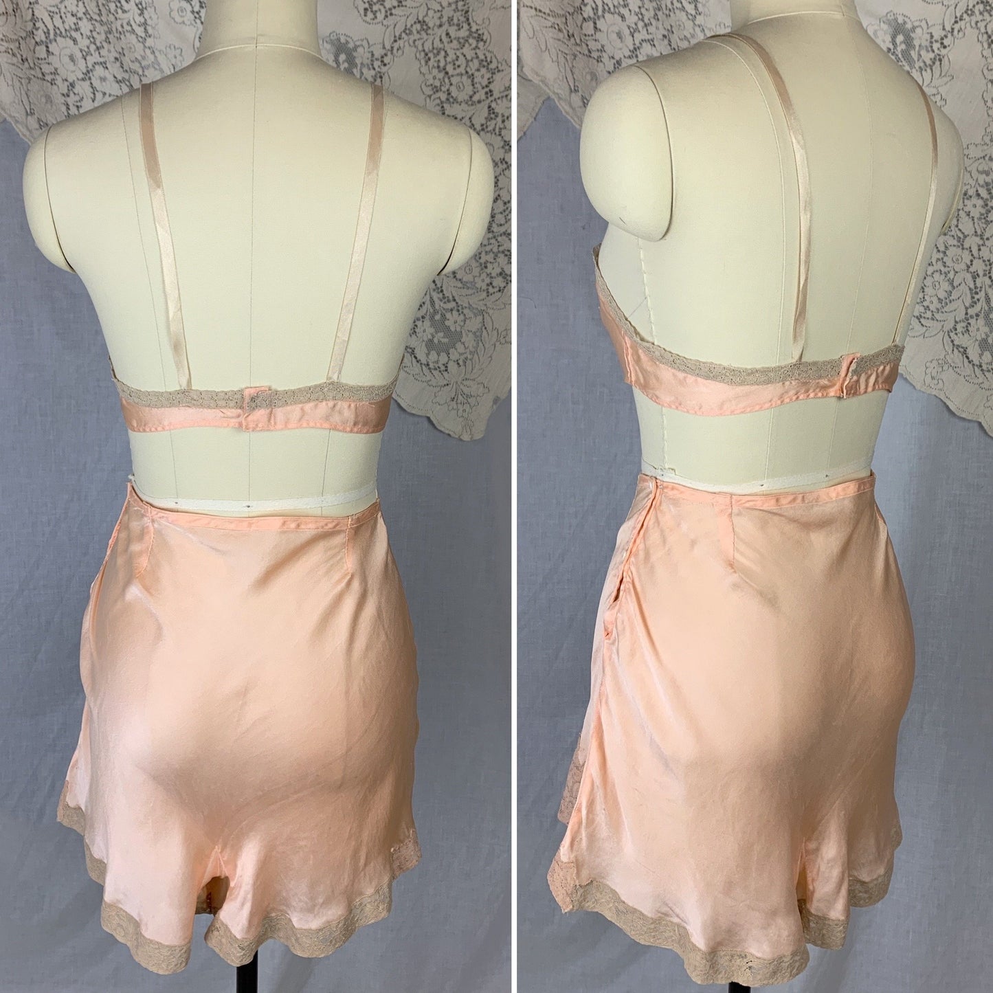 Vintage 1930's Tap Pants & Bralette Lingerie Set | Peach Silk Charmeuse with Mixed Alençon Lace | Size XS | Homemade - Daggers & Dames