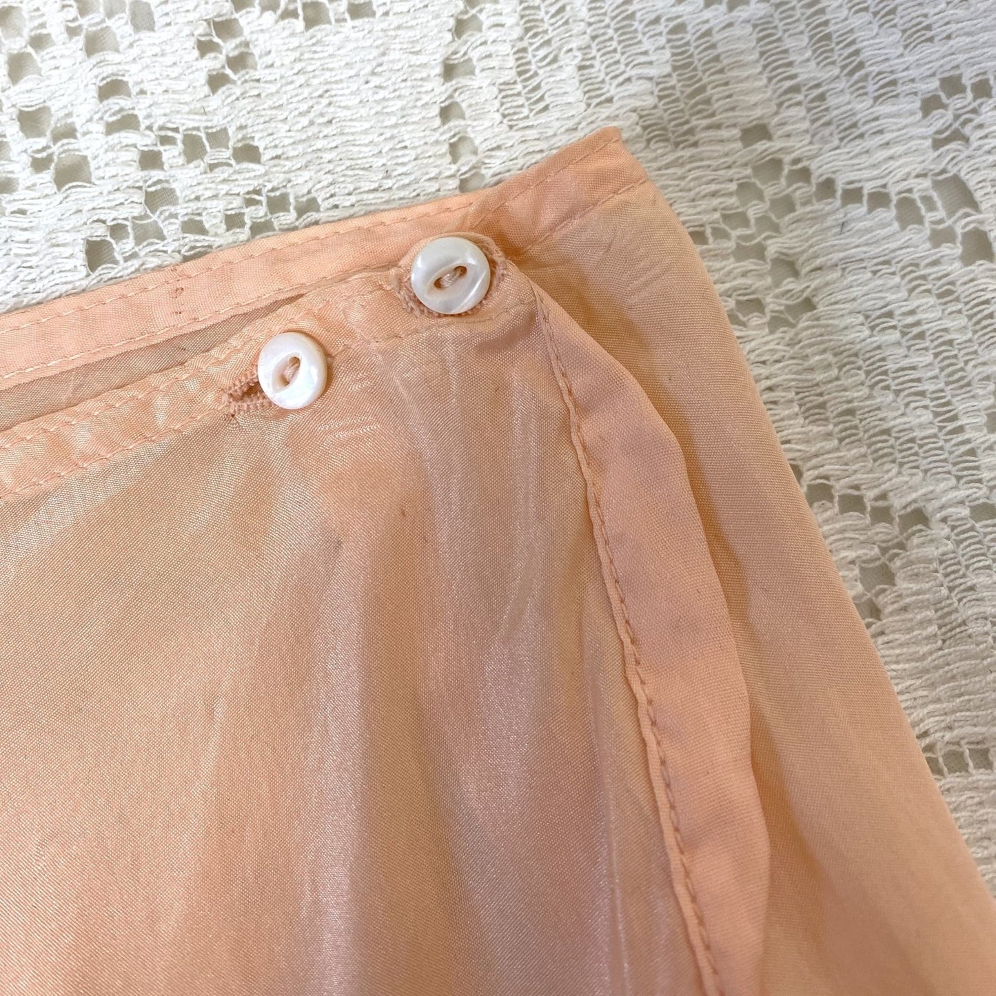 Vintage 1930's Tap Pants & Bralette Lingerie Set | Peach Silk with Mocha Lace Appliqué | Size XS, S, 34 B, 32 C - Daggers & Dames