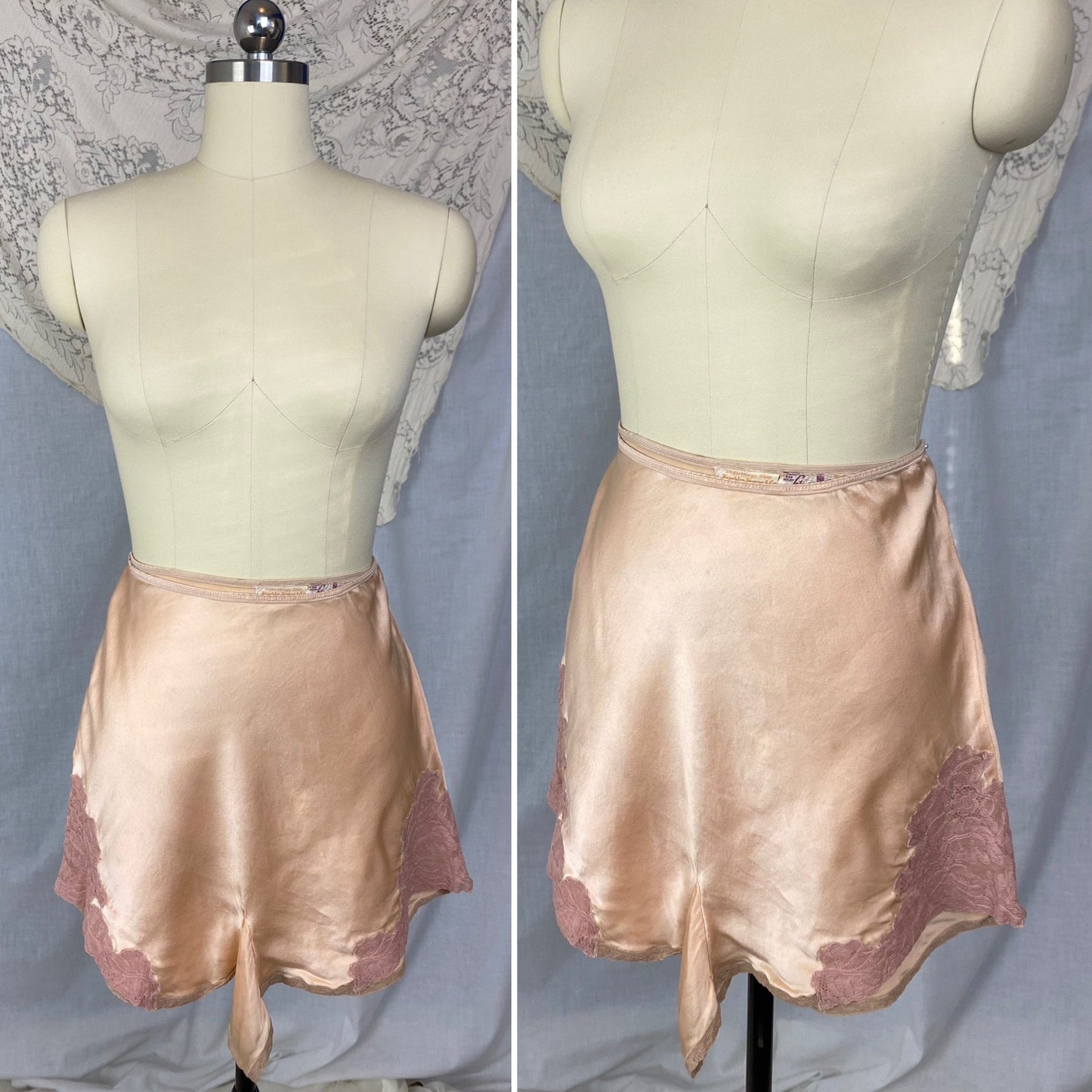 Vintage 1930's Tap Pants | Champagne Pink Silk Charmeuse with Mauve Lace Appliqués | Size M, LG | Franklin, Simon, & Co. - Daggers & Dames