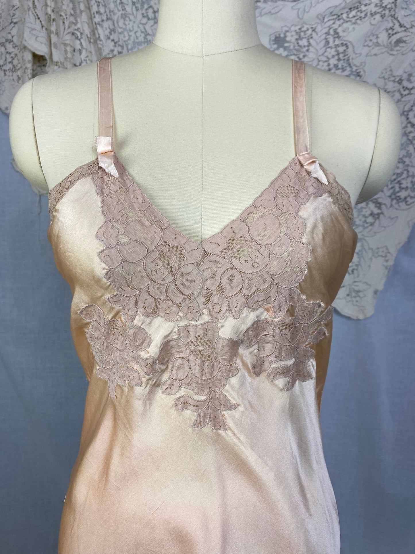 Vintage 1930's Teddy Chemise | Light Peach Silk Charmeuse with Nude Lace | Size 35 Bust, S | Rare NRA Label - Daggers & Dames