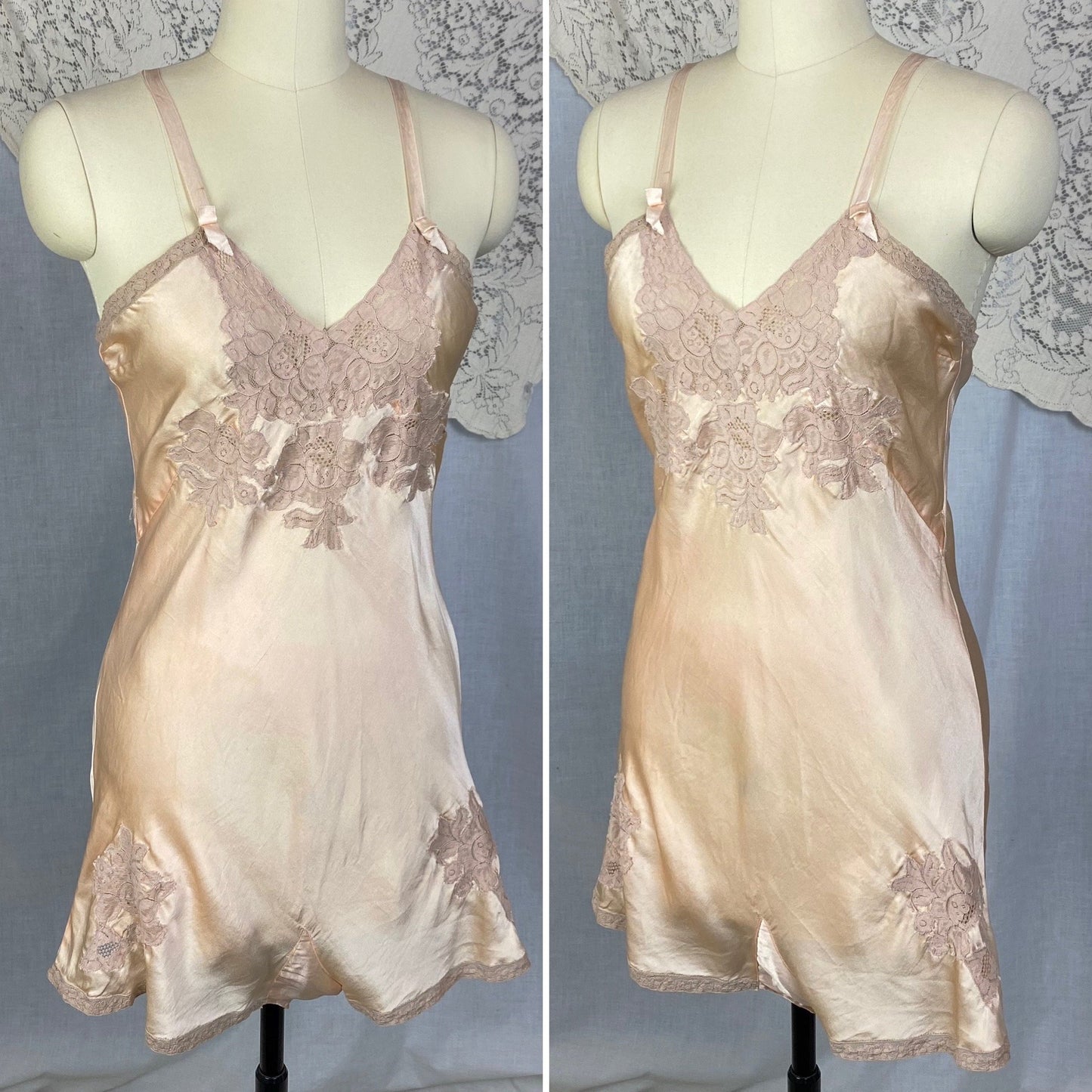 Vintage 1930's Teddy Chemise | Light Peach Silk Charmeuse with Nude Lace | Size 35 Bust, S | Rare NRA Label - Daggers & Dames