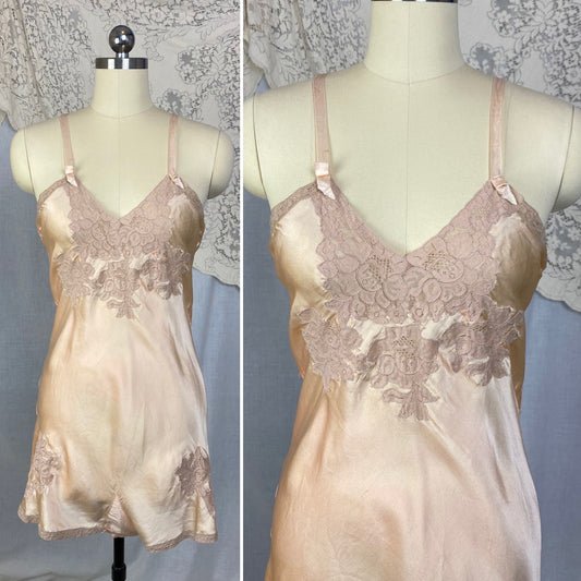 Vintage 1930's Teddy Chemise | Light Peach Silk Charmeuse with Nude Lace | Size 35 Bust, S | Rare NRA Label - Daggers & Dames