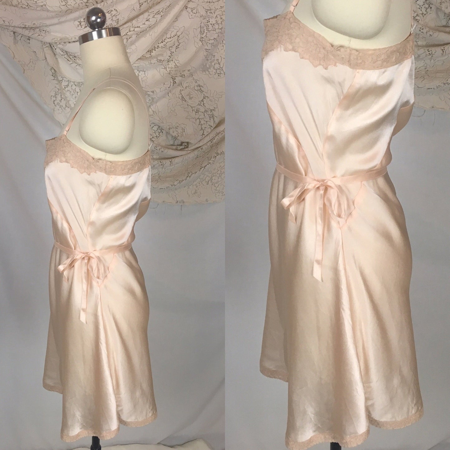 Vintage 1930's Teddy Chemise | Light Peach Silk with Alençon Lace & Ribbon Tie | Dunning Pure Silk | Size LG - Daggers & Dames