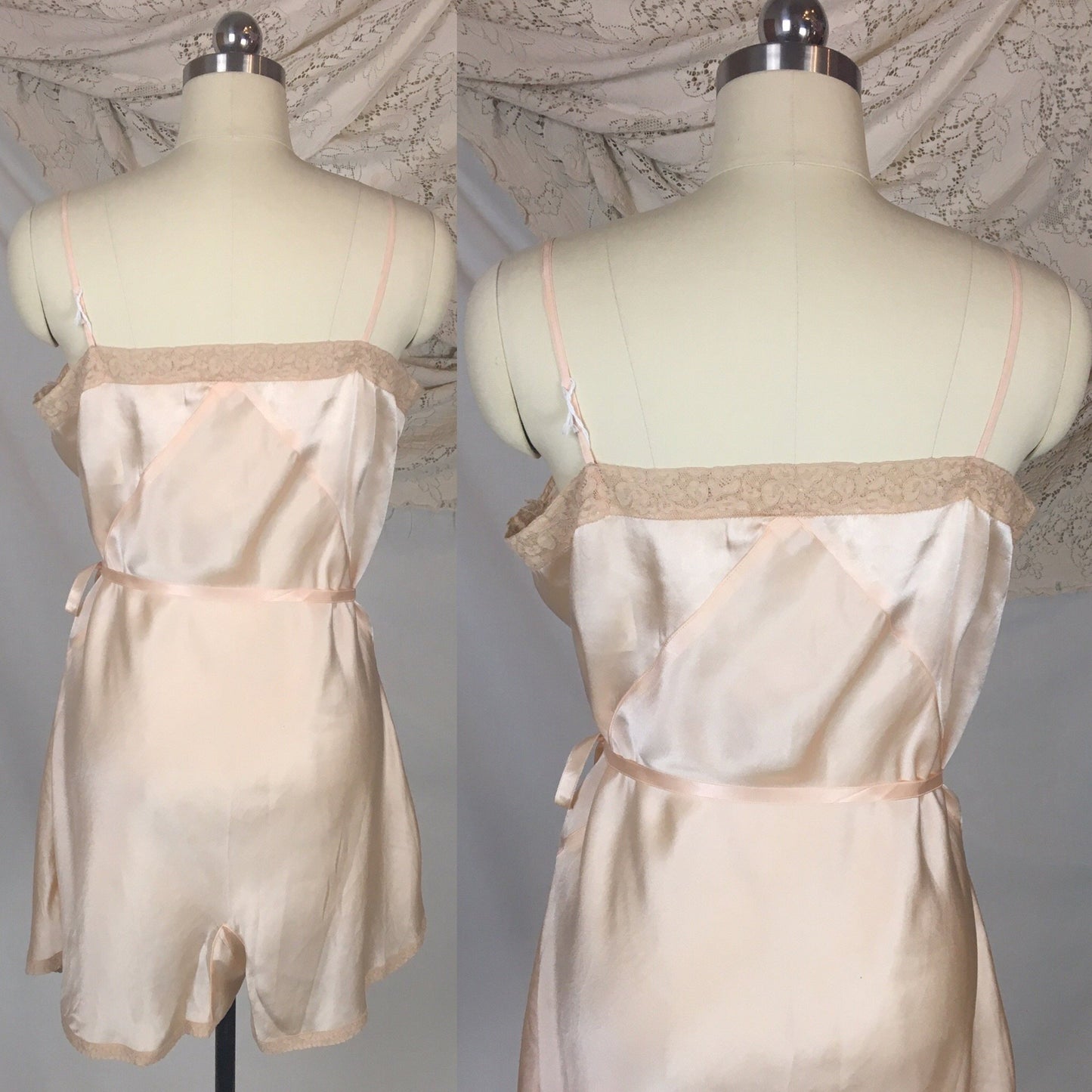 Vintage 1930's Teddy Chemise | Light Peach Silk with Alençon Lace & Ribbon Tie | Dunning Pure Silk | Size LG - Daggers & Dames