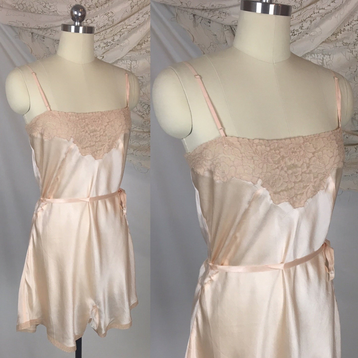 Vintage 1930's Teddy Chemise | Light Peach Silk with Alençon Lace & Ribbon Tie | Dunning Pure Silk | Size LG - Daggers & Dames