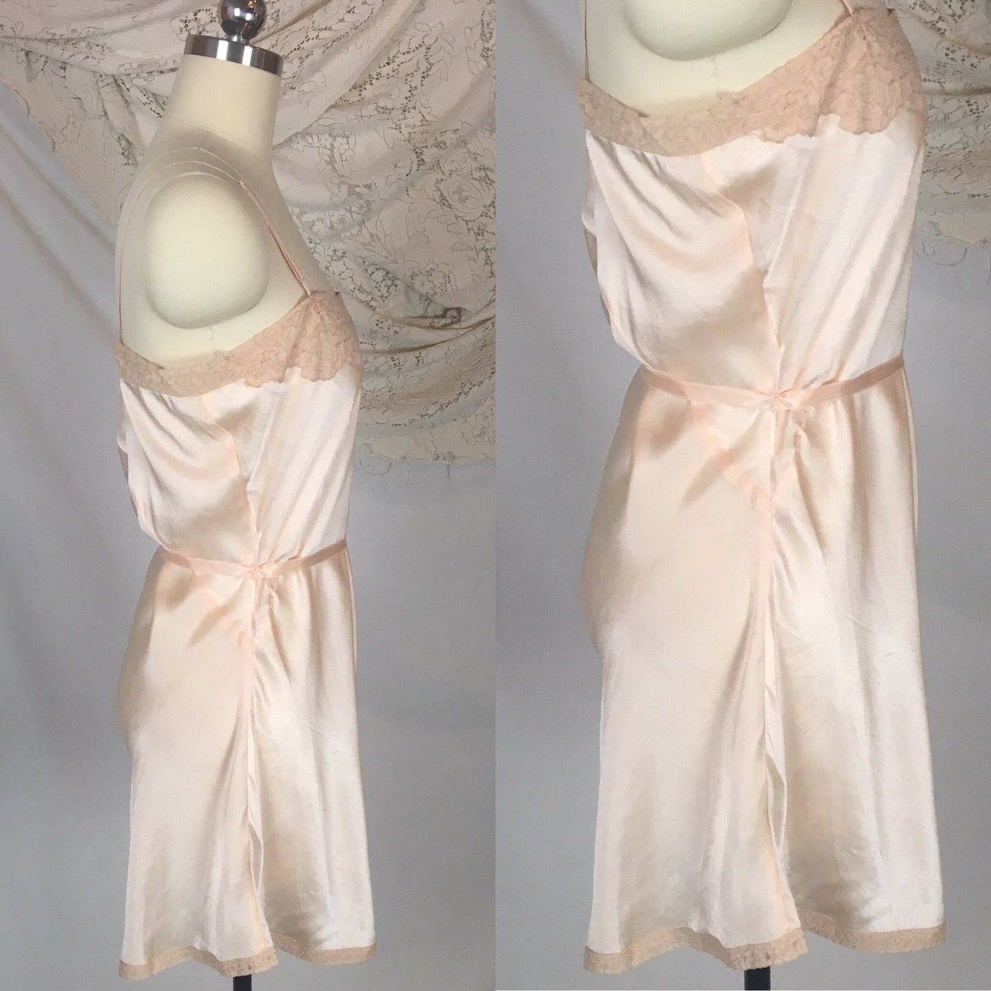 Vintage 1930's Teddy Chemise | Light Peach Silk with Alençon Lace & Ribbon Tie | Dunning Pure Silk | Size LG - Daggers & Dames