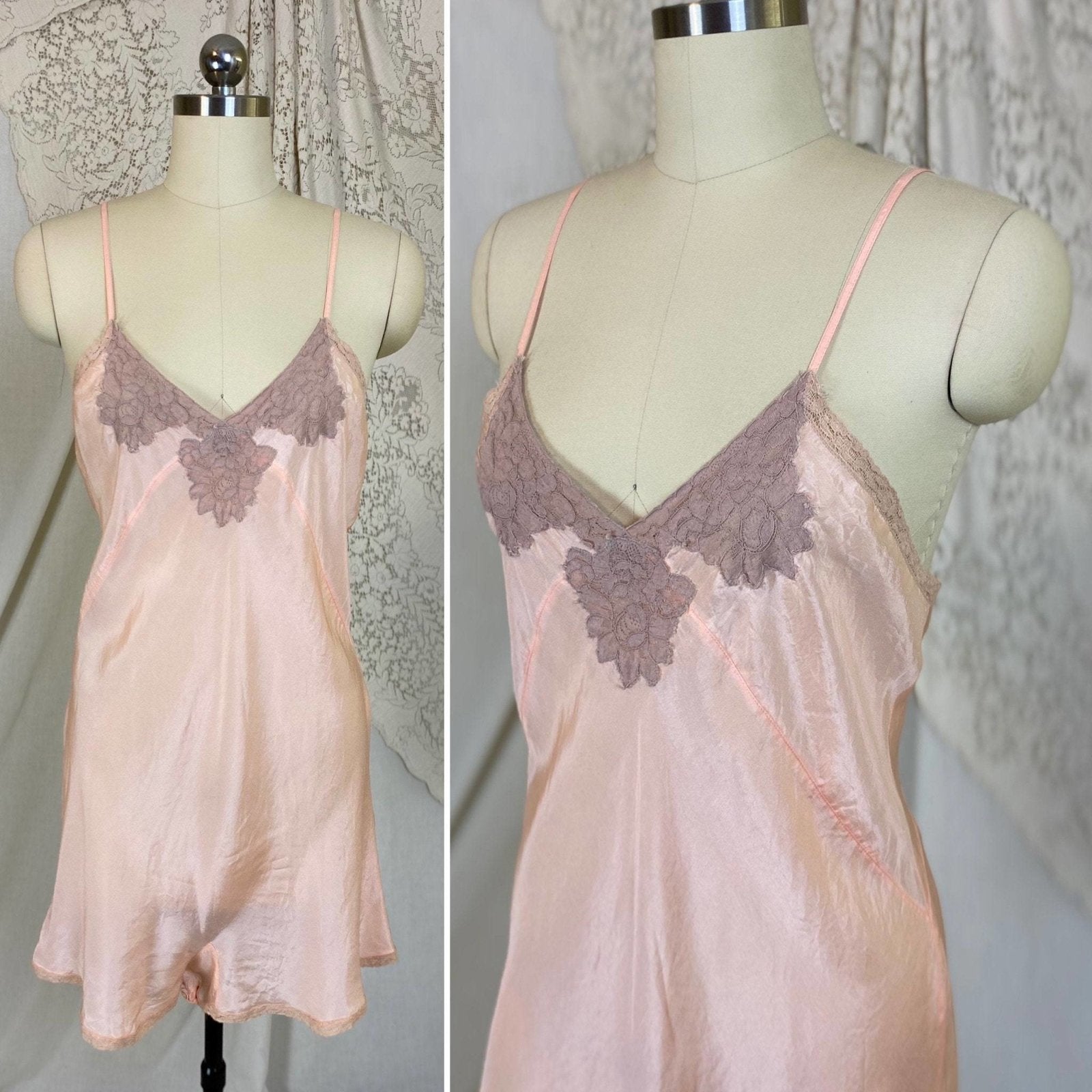 Vintage 1930's Teddy Chemise | Pale Peach Silk with Mocha Floral Lace | Size M, LG - Daggers & Dames