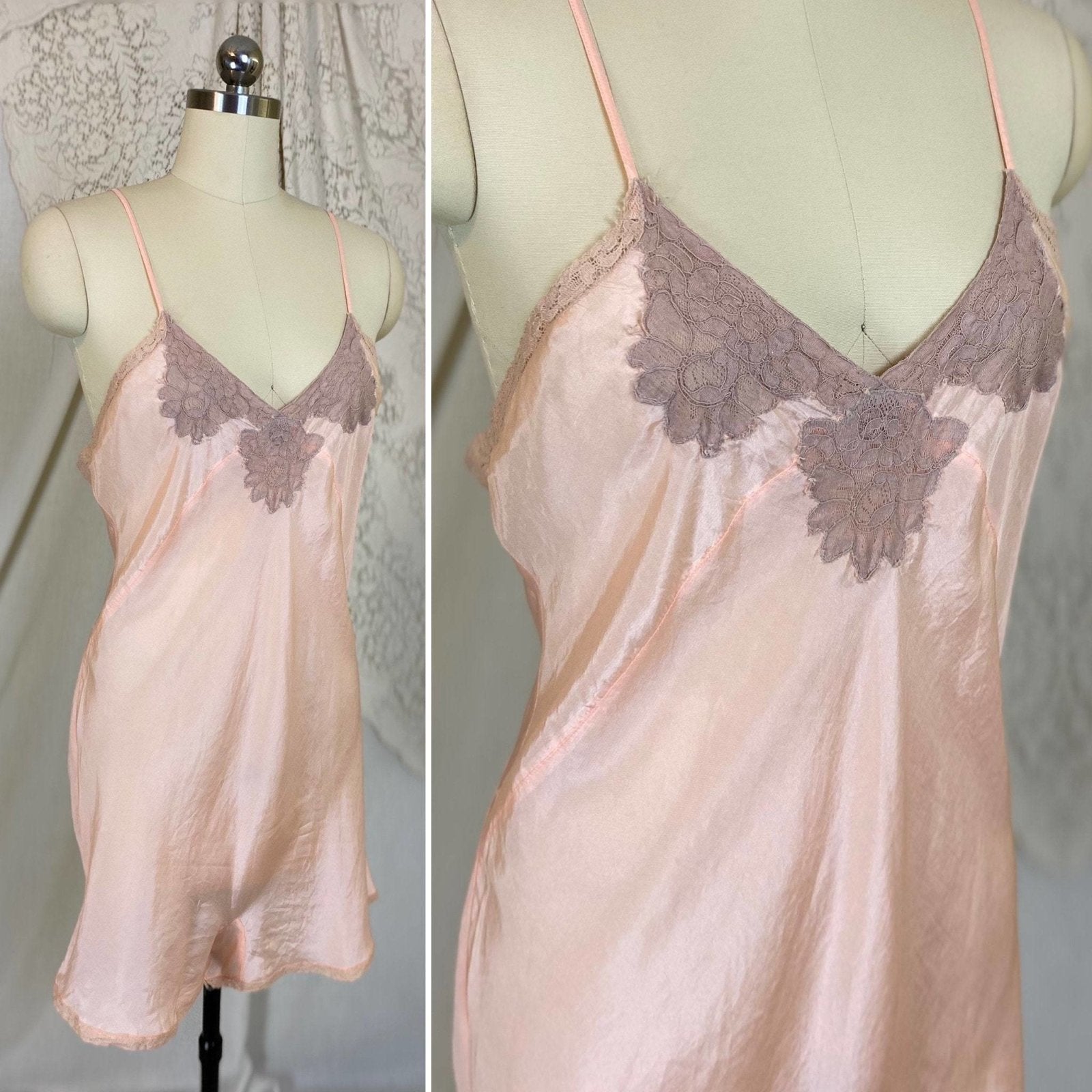 Vintage 1930's Teddy Chemise | Pale Peach Silk with Mocha Floral Lace | Size M, LG - Daggers & Dames