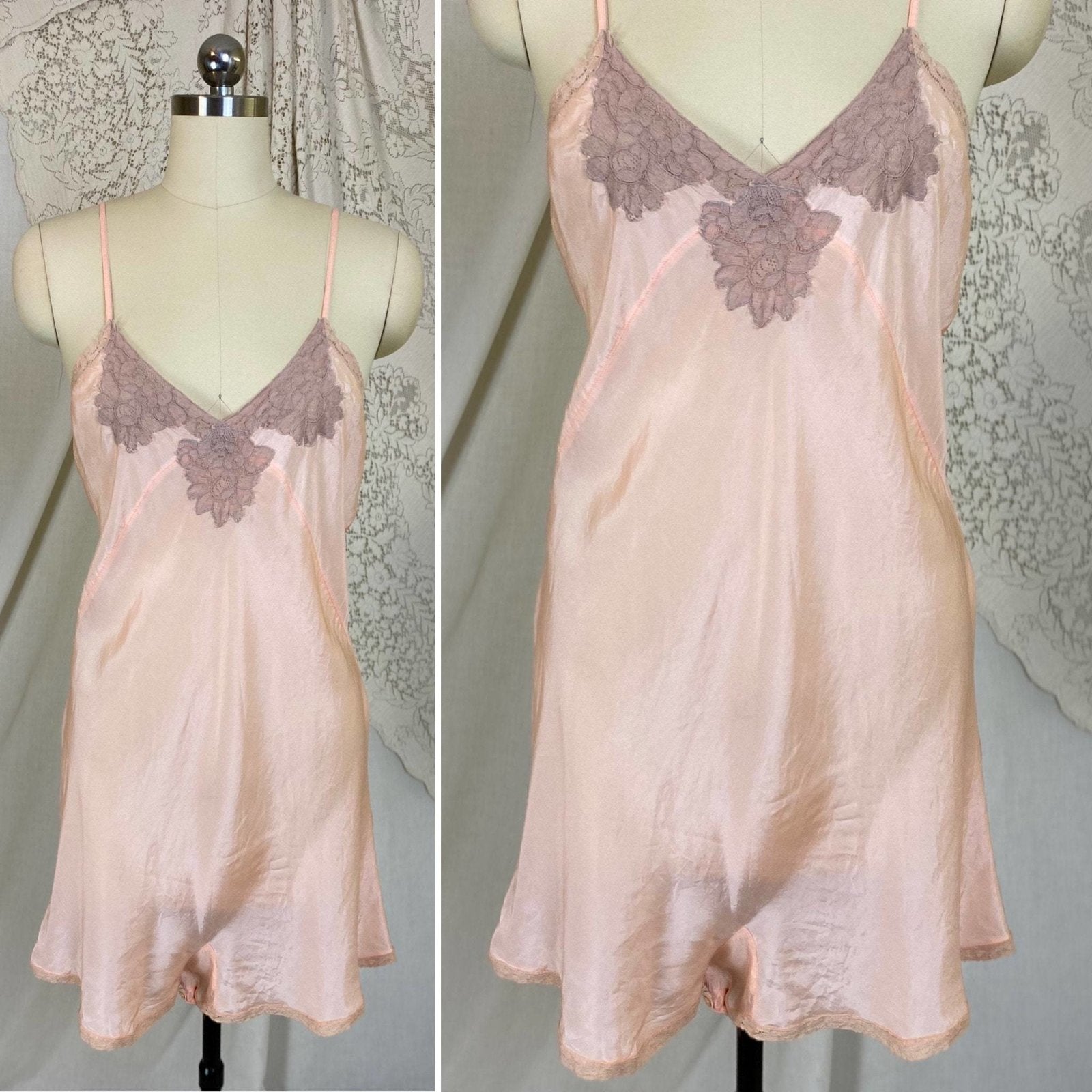 Vintage 1930's Teddy Chemise | Pale Peach Silk with Mocha Floral Lace | Size M, LG - Daggers & Dames