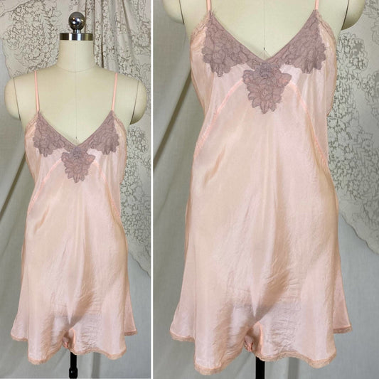 Vintage 1930's Teddy Chemise | Pale Peach Silk with Mocha Floral Lace | Size M, LG - Daggers & Dames