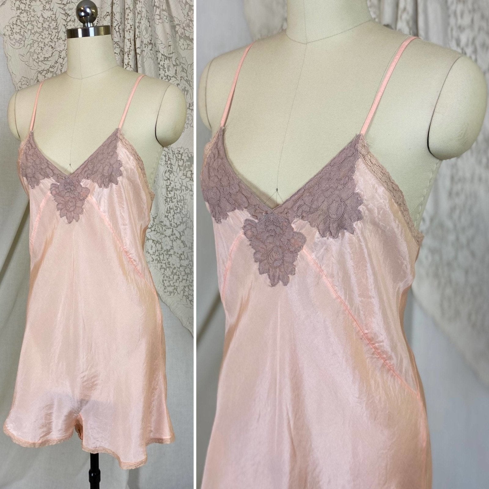 Vintage 1930's Teddy Chemise | Pale Peach Silk with Mocha Floral Lace | Size M, LG - Daggers & Dames