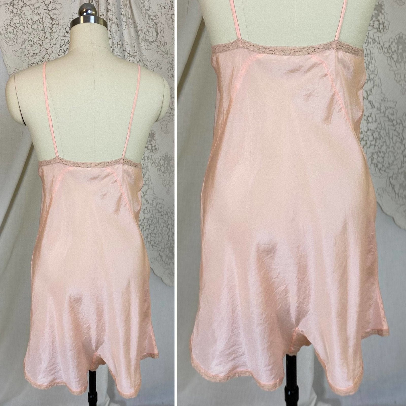Vintage 1930's Teddy Chemise | Pale Peach Silk with Mocha Floral Lace | Size M, LG - Daggers & Dames