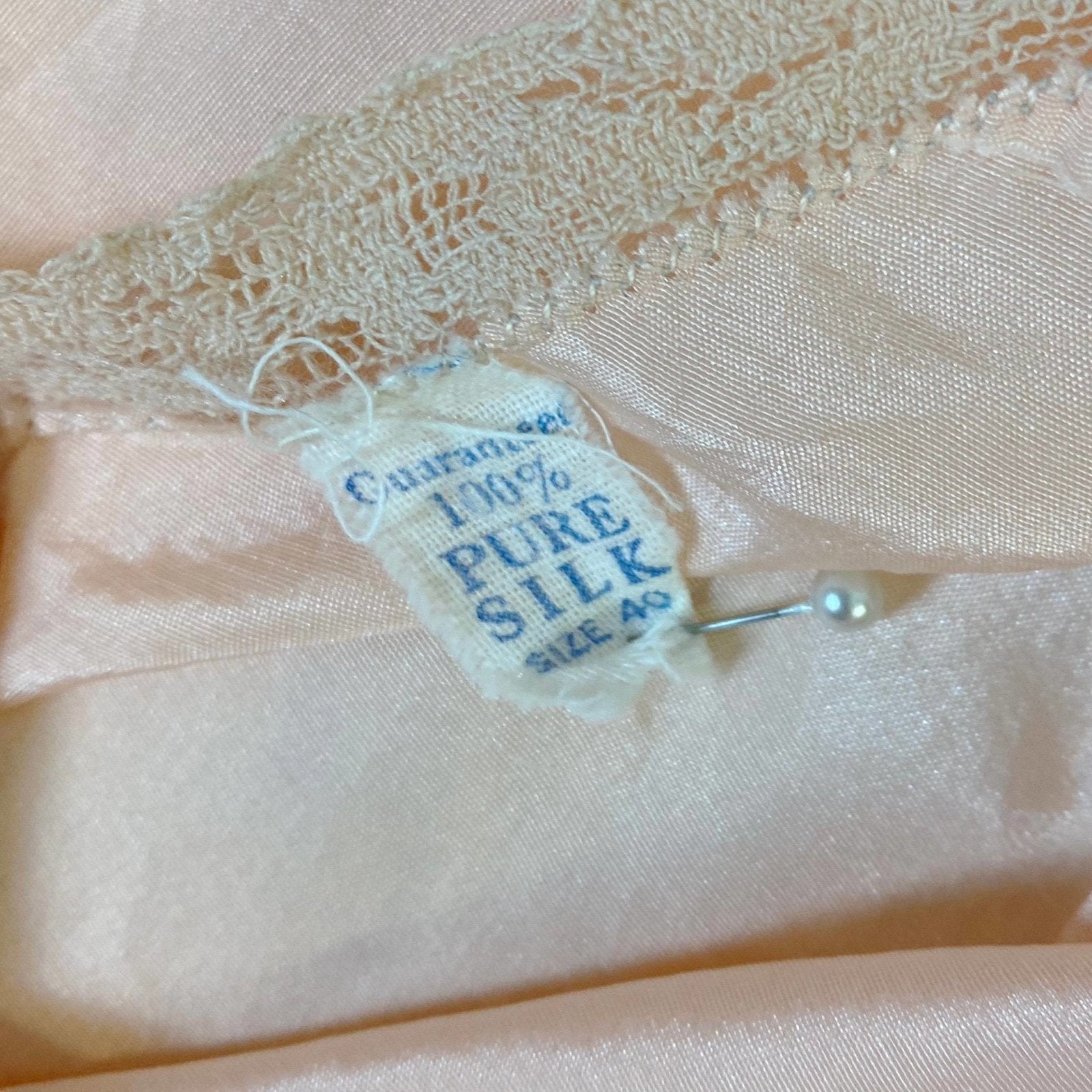 Vintage 1930's Teddy Chemise | Pale Peach Silk with Mocha Floral Lace | Size M, LG - Daggers & Dames